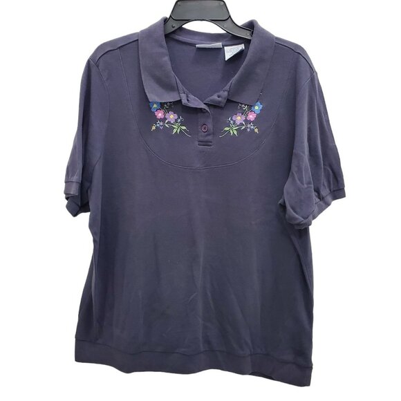 Blair Woman's Vintage Navy Floral‎ Embroidery Grandma Cottagecore Polo Plus 2XL - Picture 1 of 4